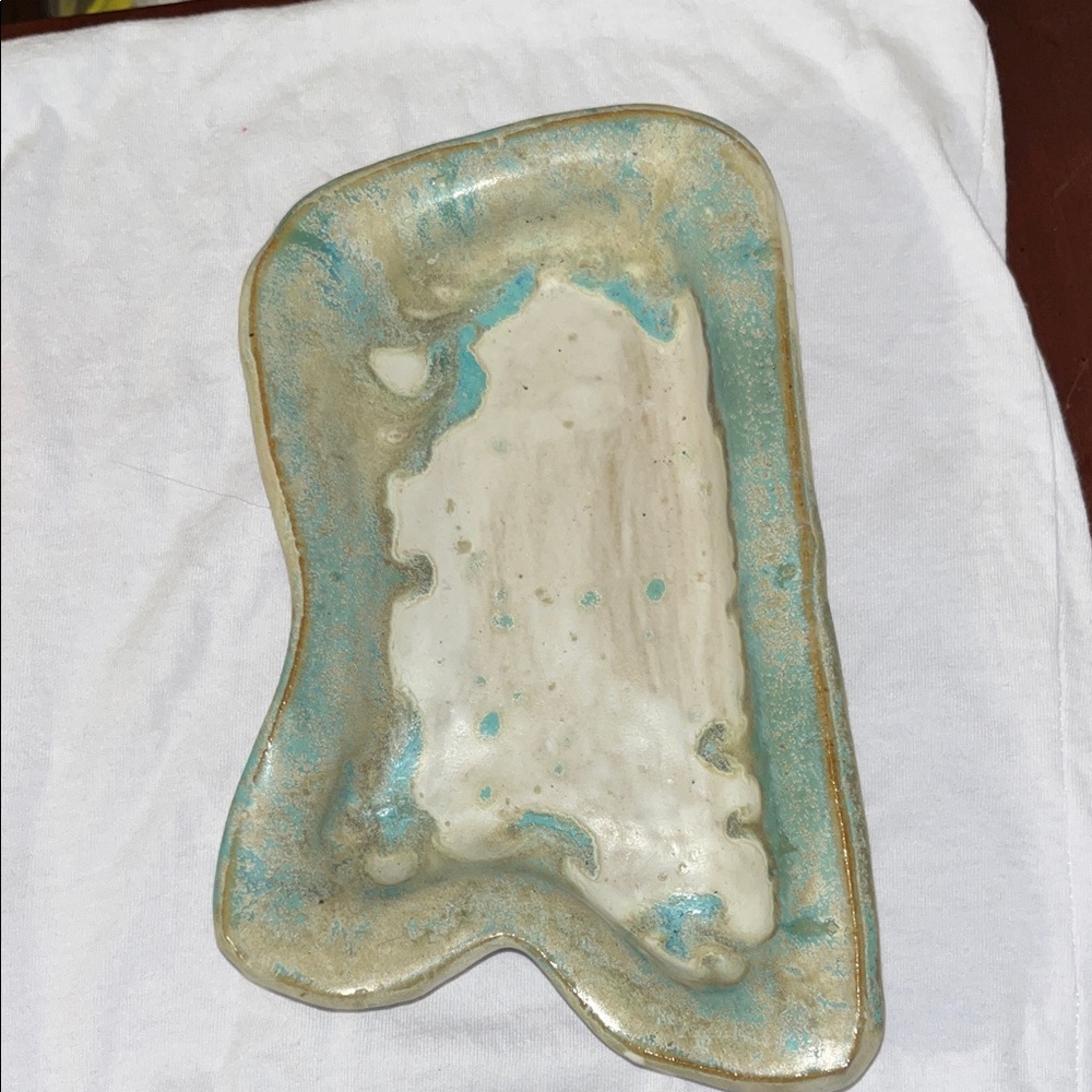Mississippi Shaped Ceramic Candy Dish with Blue and Cream Accents